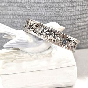 Floral Bird Cuff Bracelet Artisan-Created White Copper and Zinc Oxidized